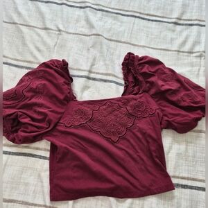 Express Deep Burgandy Lace Puff Sleeve Blouse